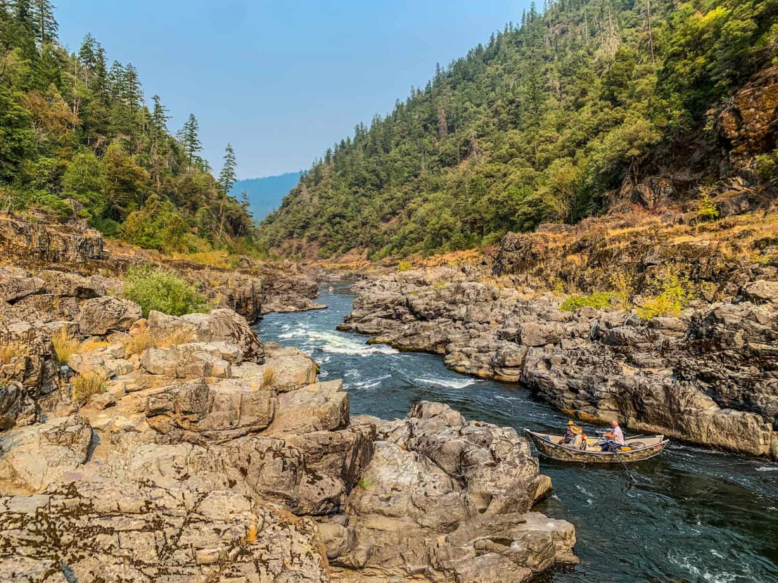 Drift boat in Kelsey Canyon on the Rogue River